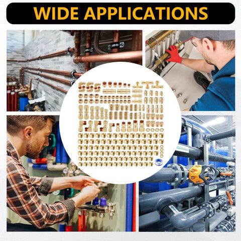 Brass DOT air line fittings push-to-connect kit, 220 pcs, includes 1/4, 1/8, 3/8, 1/2 in NPT fittings for pneumatic use.