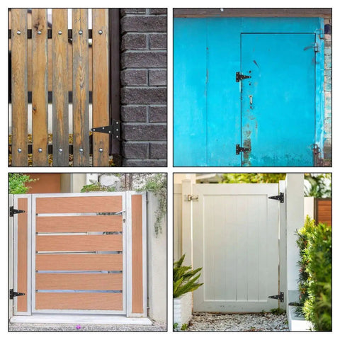 10 Pack 4 Inch T Strap Hinges Heavy Duty Tee Hinges Black For Barn Doors Gates Fences Gardens And Outdoor Indoor Use With Screws Included Durable Steel Construction For Long Lasting Performance installed on various wooden gates in different colors and styles