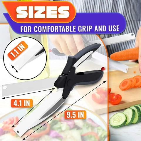 2 In 1 Kitchen Scissors For Food With Stainless Steel Blade And Plastic Cutting Board Safety Lock 9.5 Inch Tomato Knife