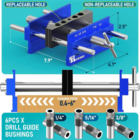 Diagram of the Upgraded 6.7 Inch Self Centering Doweling Jig Kit with adjustable width measurements and drill guide bushings.
