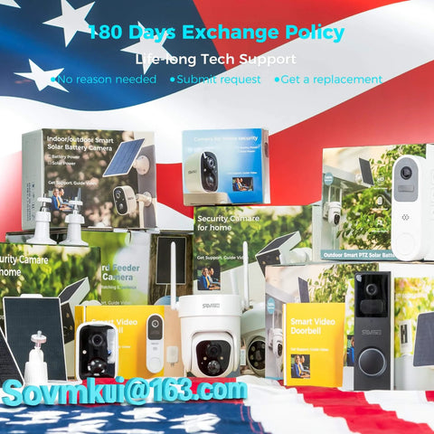 Display of 2K Smart Video Doorbell with Chime and other wireless security cameras, showcasing a 180 day exchange policy.