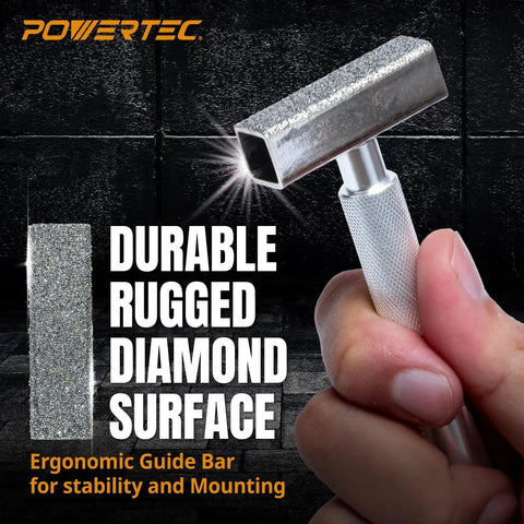 Precision Diamond Dressing Tool For Bench Grinder Wheels With 36 Grit Diamond Chips And Four And Five Eighths Inch Long Diamond Surface With Guide Bars For Cleaning Aluminum Oxide And Silicon Carbide Wheels Powertec 71003 displayed against dark background.