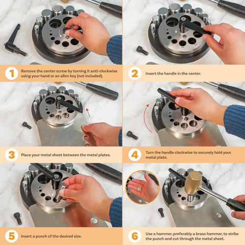 Pro Grade Heavy Duty Steel Circle Disc Cutter Set with ten punches and die cuts, step-by-step guide for precise metal discs.