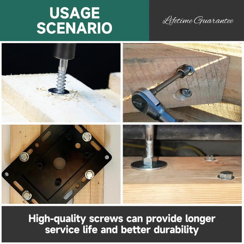 Beefy Heavy Duty Three Eighths Inch By Two Inch Lag Screws For Wood With Washers 304 Stainless Steel Hex Head Bolts Partial Thread Black Oxide Finish Rugged Build 10 Set Pack EastPUK shown in use for wood construction and installation.
