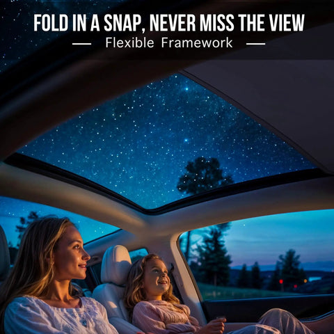 View from inside Model Y with installed Model Y Glass Roof Sunshade With Magnetic Foldable UV Block For Cooling, showing night sky.