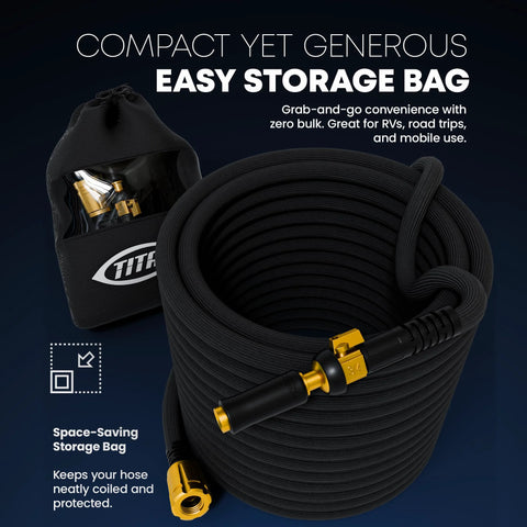 TITAN 50ft flexible garden hose with brass fittings and jet nozzle, black fabric hose coiled beside storage bag