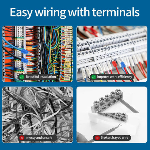Image showing wired electrical terminals with text 'Easy wiring with terminals', illustrating efficient, organized, and messy wiring examples.