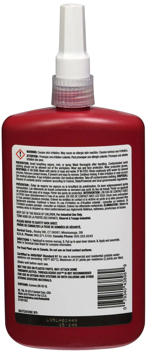 Back view of Blue Medium Strength Liquid Thread Locker For Metal Surfaces That Cures Fast Locks Bolts And Screws On Steel And Stainless Steel