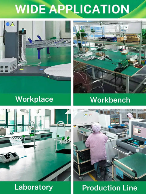 Collage showing the 23.7 Inch By 118 Inch Rubber ESD Soldering Mat Roll With Anti Static And High Temperature Resistance in various settings.
