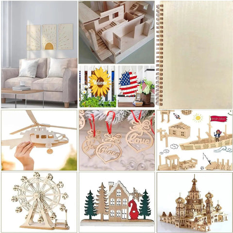 Collage featuring 18 Pack Selected Basswood Sheets For Crafts 5 By 7 By One Sixteenth Inch 1.5mm Thick Unfinished Wood Boards for various projects.
