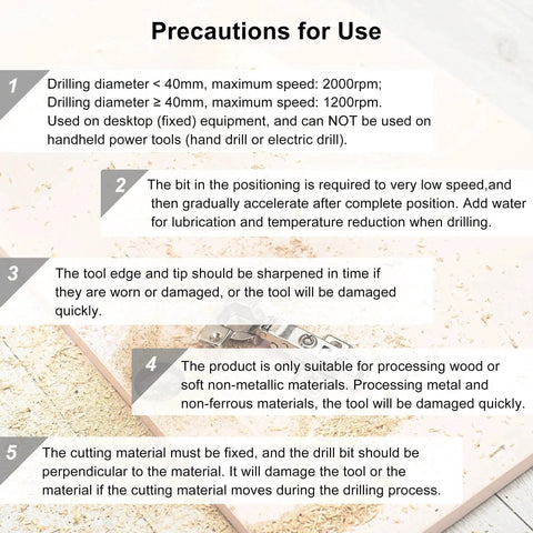 Precautions for using a 90mm Tungsten Carbide Wood Hole Saw Drill Bit with Hex Shank, including speed and material guidelines.
