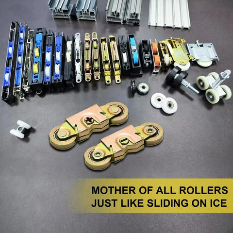 Two Pack Tandem Roller Assembly For Sliding Patio Doors Fits 1997061 1982 Present Replaces 1273704 1964 To 1982 Includes One And A Quarter Inch Steel Ball Bearing Wheels displayed on a table.