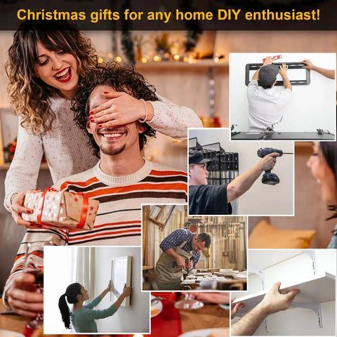 Collage of DIY projects with a couple exchanging gifts, including mounting a TV, fixing shelves, and home repairs.