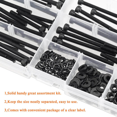 M4 Hex Socket Head Cap Screws Kit With Nuts, Washers And Black Oxide Finish, 200 Pcs, organized in a transparent box.