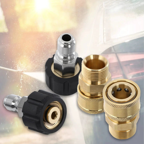 Pressure Washer Adapter Set Quick Connect Kit M22 14mm To M22 Fittings 5000 PSI Four Piece Bundle With Three Eighth Inch Plug And Quick Disconnect