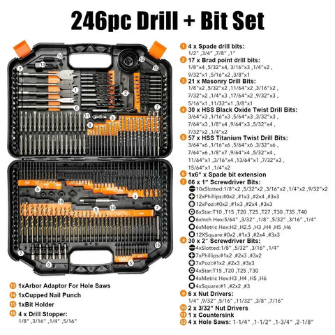All-In-One 246-Piece Drill Bit and Driver Set for Wood, Metal, Concrete Drilling and Screw Driving With Plastic Carrying Case, Ideal for DIY Projects and Home Repairs by EnerTwist ET-DBA-246, displayed open showing contents in plastic case.