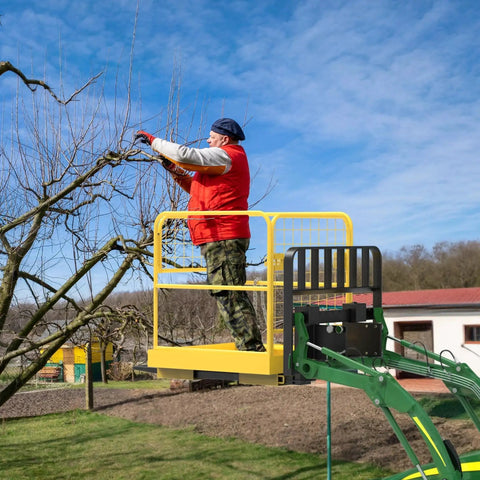 36x36 Forklift Safety Cage 1200 Lb Heavy Duty Collapsible Work Platform attached to forklift, used for tree trimming.