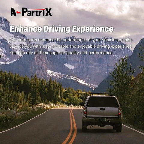 Truck driving on scenic mountain road with text about auto parts performance