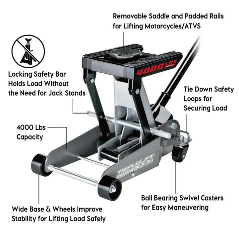 2 Ton Triple Lift Floor Jack For Cars Trucks Motorcycles ATVs And More Replaces Multiple Jacks With A Wide Lift Range From 5.5 Inches To 17.5 Inches Ultra Stable With Locking Safety Bar