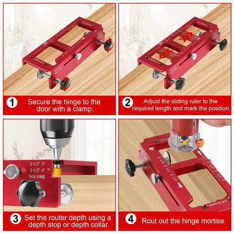 Instructional steps for using Pro Grade Aluminum Door Hinge Template Jig For Router on wooden door surface.