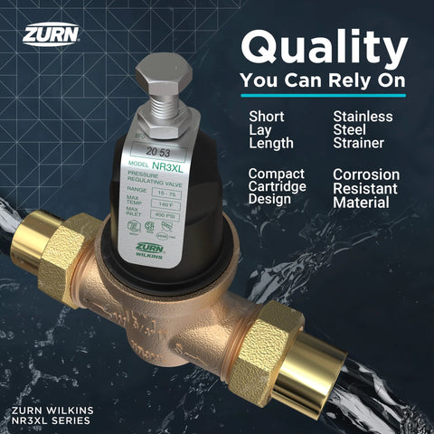NR3XL pressure reducing valve with double-union copper-sweat connections, 1 in brass body, Zurn Wilkins