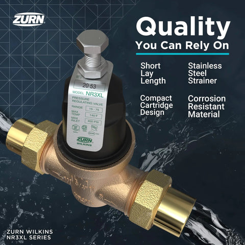 One And A Quarter Inch NR3XL Pressure Reducing Valve With Double Union FNPT Connection For Potable Water Cartridge Loaded Design Built To Last Tailpiece Options Include Threaded PEX Copper Sweat CPVC Stainless Steel Strainer By Zurn Wilkins