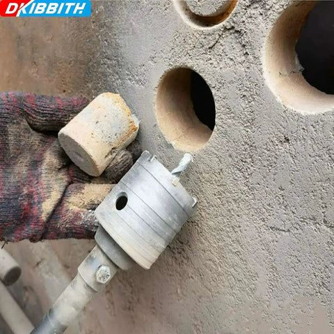 4 Inch Concrete Hole Saw Kit With SDS Plus Shank Tungsten Steel Core Bit drilling into cinder block wall for masonry work