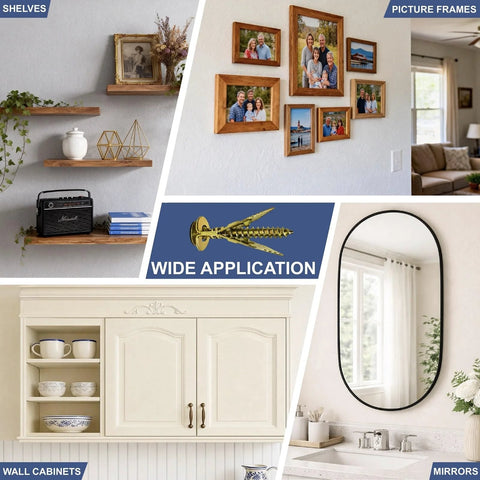 Image showing the 120 Piece Self Drilling Drywall Anchors With Screws Kit In Zinc Plated Steel for shelves, picture frames, cabinets, and mirrors.