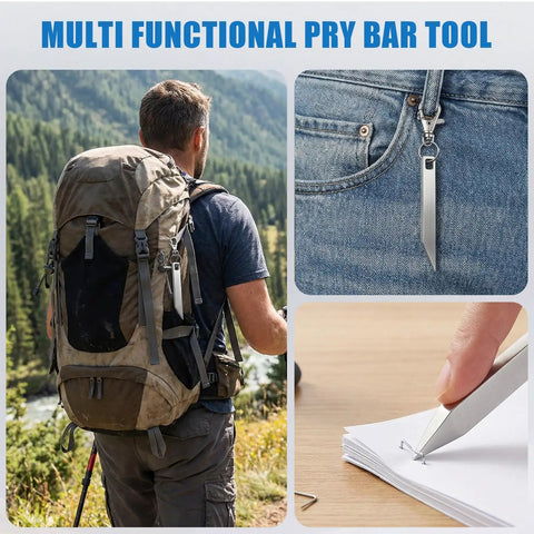 8 Piece Stainless Steel EDC Pry Bar Set For Everyday Carry shown in practical use and pocket attachment.