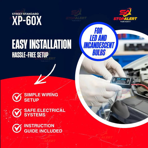 Installing 60X Plus Universal Brake Flasher for stop bulbs and tail lights with pre-programmed patterns, suitable for cars and motorcycles