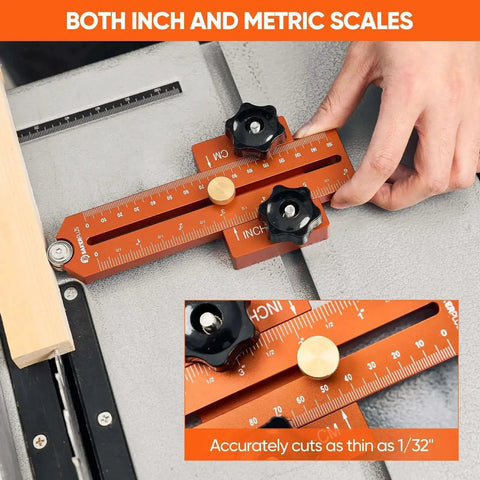 Go-To Thin Rip Jig For Table Saw And Router with inch and metric scales, CNC aluminum, used on a table saw for precise cuts.