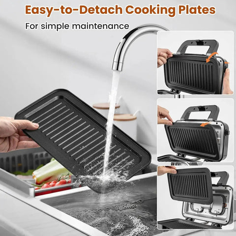 3 In 1 Sandwich Maker Waffle Maker With Removable Plates And Panini Press, grill plate being washed under faucet