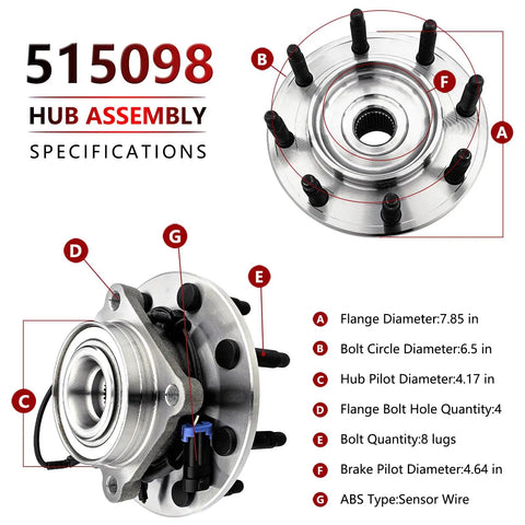 Beefy Front Wheel Hub Bearing Assembly Fits 2007-2010 Chevy Silverado 2500HD 3500HD Suburban 2500, showing specifications illustration.