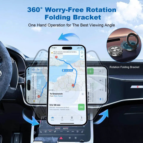 Car interior with vacuum magnetic car phone mount with 360 degree rotating holder, showing navigation map on smartphone
