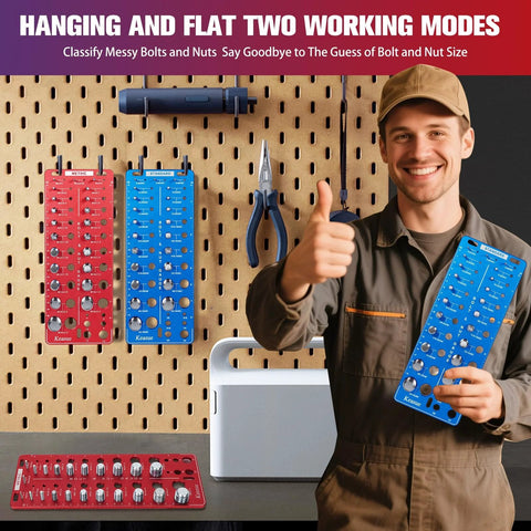 Thread Checker Kit For Nuts And Bolts 56 Piece Gauge with 44 thread sizes on wall, worker holding blue piece, tools displayed.