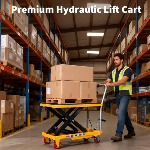Premium hydraulic lift cart with yellow platform and black scissor lift carrying cardboard boxes.