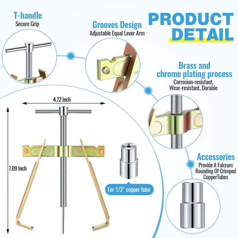 2 In 1 Faucet Handle Puller And Compression Sleeve Removal Tool For Frozen And Corroded Stops shown with dimensions and materials