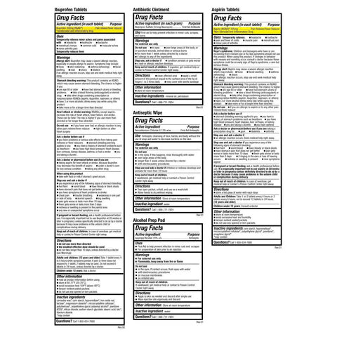 Drug facts label for items in Ready To Go 73 Piece Coaches And Team Sports First Aid Kit In Roll Up Bag For Clean Treat And Protect Wounds