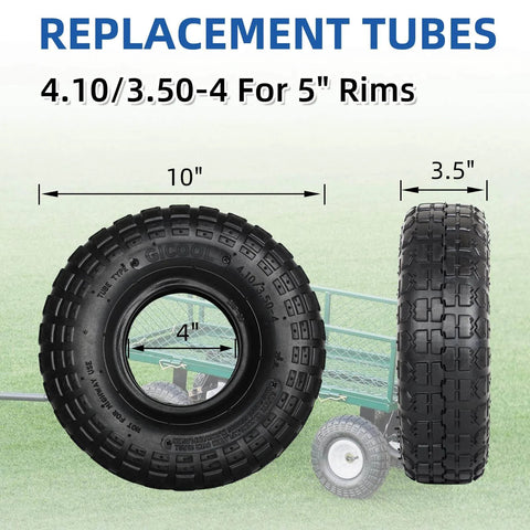 Heavy Duty 10 Inch Replacement Tire and Inner Tube Set 4.10/3.50-4 With TR-13 Straight Valve Stem displayed on a poster with dimensions