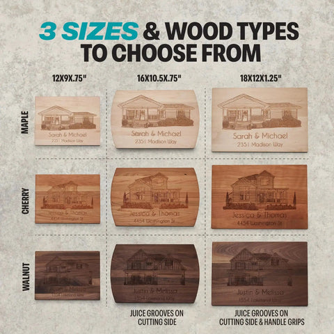Variety of Personalized New Homeowners Cutting Board With Custom Home Image Laser Engraved Wooden Chopping Board in Cherry Maple or Walnut