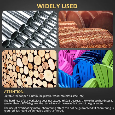 Metal tubes, copper coils, wooden logs, and colorful plastic chairs indicating materials for Ultra Compact Pneumatic Chamfering Tool use.