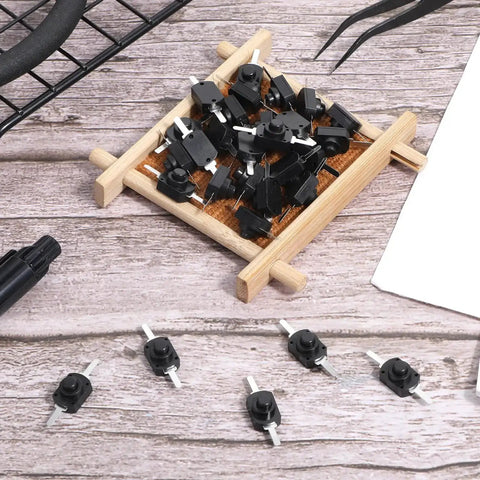 80 Piece Mini Latching Push Button Switch On Off Self Lock DC 30V 1A Black Micro Switches on wooden tray