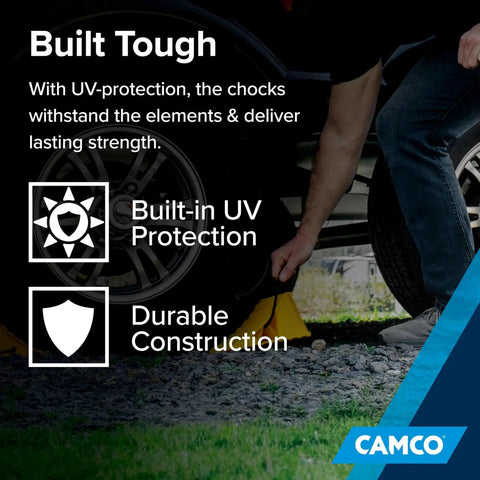 Person installing Two Pack Heavy Duty RV Wheel Chocks With Rope For Trailers Up To 26 Inches, emphasizing UV protection and durability
