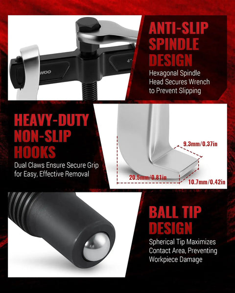 Anti-slip design and dimensions of Two Jaw Reversible Gear Puller Set For External And Internal Removal Up To 4.4 Inch External And 4.79 Inch Internal Reach Heavy Duty Bearing Flywheel Pulley And Gear Remover Tool Made From CR-V Steel Adjustable Ideal For Automotive Repairs