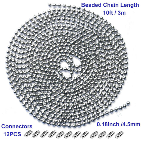 10 Feet Beaded Ball Chain 4.5mm Stainless Steel Bead Pull Chain Extension With 12 Connectors for shades and blinds