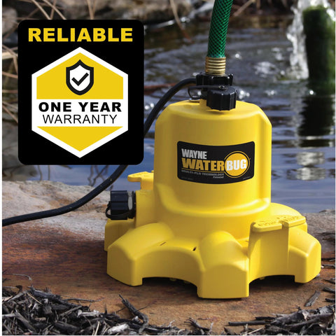 Wayne WaterBug 1/6 HP submersible pump, yellow, 1350 GPH for water removal and transfer