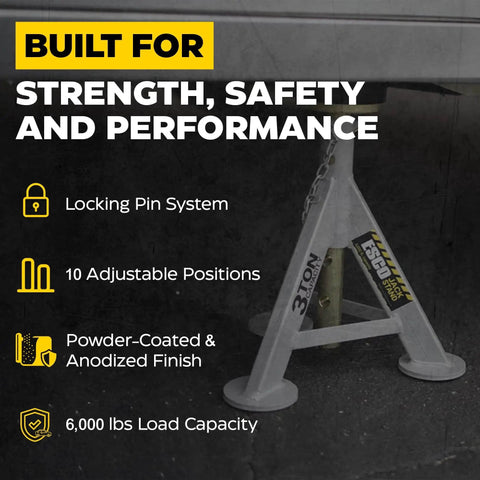 3 Ton Jack Stands Pair With 10 Adjustable Heights And Rust Resistant Post showing one stand with features highlighted
