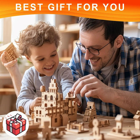 Father and child building with wooden model pieces inside.