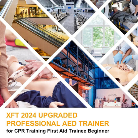 Collage featuring CPR scenarios and AED trainer use, highlighting XFT 2024 Upgraded Professional AED Trainer for first aid training.