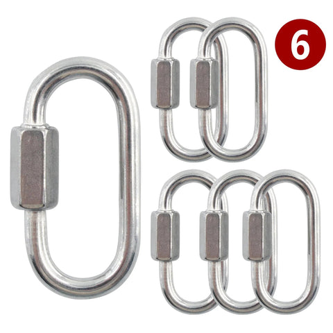 Six Pack Carbon Steel Chain Quick Links With M3 Quick Locking Carabiner Set shown in a group, oval shape, corrosion resistant